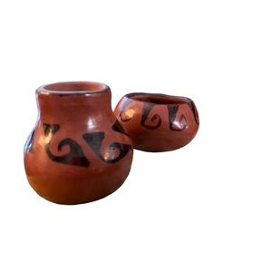 Set of Two Miniature Black on Red Pots